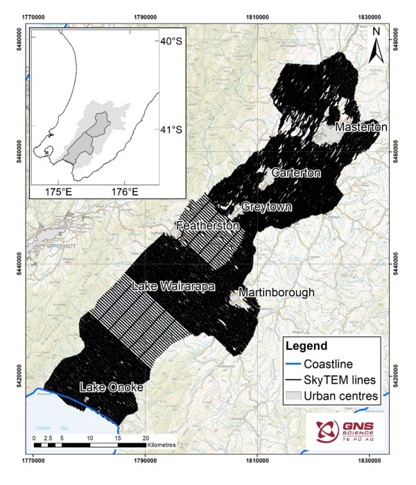 This map shows the flight lines of the SkyTEM helicopter took during its survey scan over the valley floor (the inset map shows the whole Ruamāhanga catchment in grey).