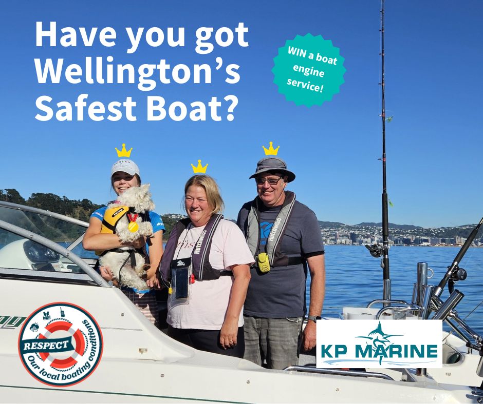 Three smiling people and a dog in life jackets on a boat on a sunny day, with the heading Have you got Wellington's safest boat? Win a boat engine service!