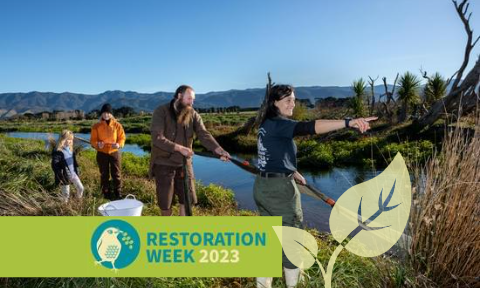 A group of people stand on the bank of a river, pulling in a net, overlaid with the title Restoration Week 2023