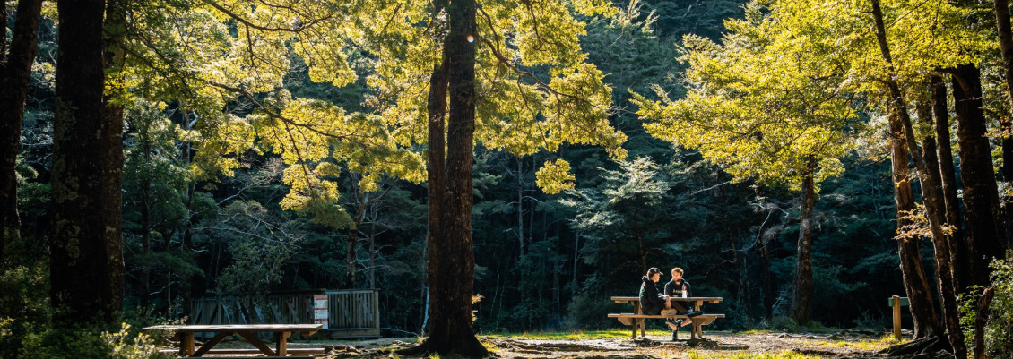 Two people sit on a bench in the sun at Butterfly Creek