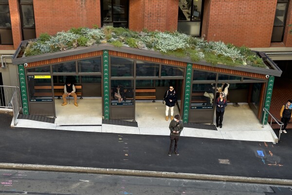 A group of people wait at the Living Pa bus stop