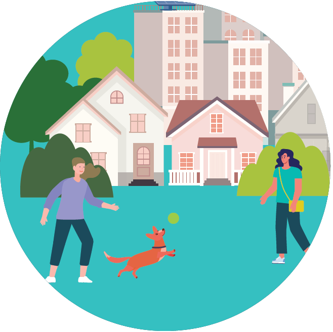 Cartoon of people playing with a dog in front of buildings and greenery