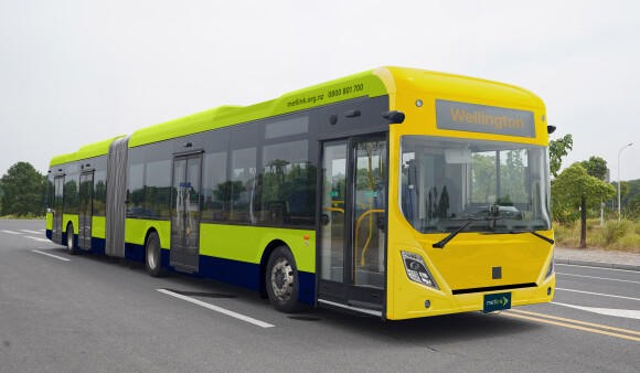 A Geely EAV of the type of articulated bus being procured, with Metlink livery digitally added. 