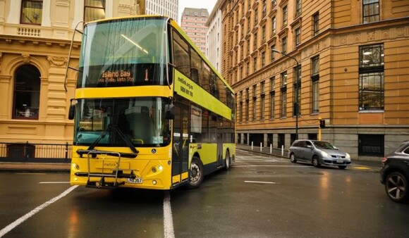 A route 1 bus bound for Island Bay driving through central Wellington